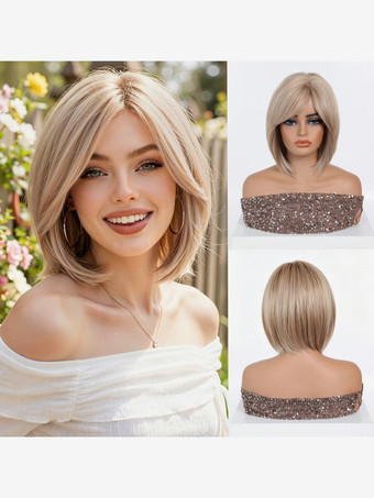 シャンパンカラーミディアムボブの合成ウィッグ、サイドバング、オンブルハイライト、耐熱ヘアウィッグ