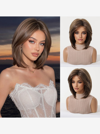 薄栗色ミディアムボブの合成ウィッグ、サイドバング、オンブルハイライト、耐熱ヘアウィッグ