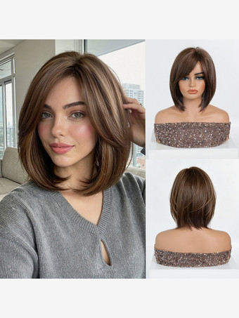 ブラウンミディアムボブの合成ウィッグ、サイドバング、オンブルハイライト、耐熱ヘアウィッグ