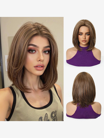 チョコレートミディアムボブの合成ウィッグ、サイドバング、オンブルハイライト、耐熱ヘアウィッグ