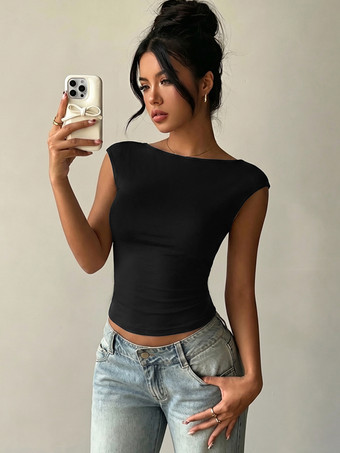 ブラック ノースリーブTシャツ ブラック バックレス レース ボートネック レディースTシャツ