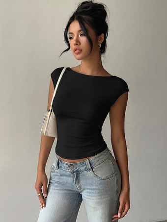 ノースリーブTシャツ ブラック バックレス レース ボートネック レディースTシャツ