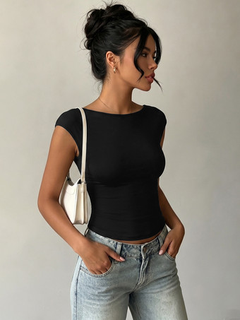 ノースリーブTシャツ ブラック バックレス レース ボートネック レディースTシャツ