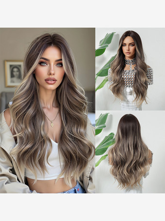 ライトブラウンロングウォーターウェーブ合成ウィッグ、センターパート、オンブルハイライト、女性用ヘアウィッグ