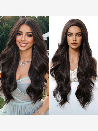 暗い茶色ロングウォーターウェーブ合成ウィッグ、センターパート、オンブルハイライト、女性用ヘアウィッグ