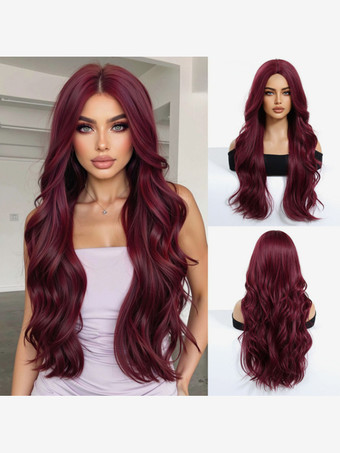 ワインレッド ロングウォーターウェーブ合成ウィッグ、センターパート、オンブルハイライト、女性用ヘアウィッグ