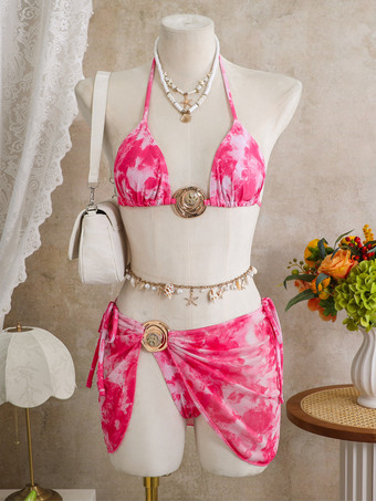 Maillot de bain bikini rose pour femme avec détails métalliques et taille naturelle maillot de bain sexy d'été