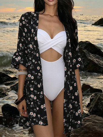 noir Cache-maillots de plage noirs à imprimé floral pour femmes manches courtes maillots de bain d'été