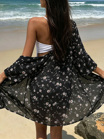 Cache-maillots de plage noirs à imprimé floral pour femmes manches courtes maillots de bain d'été