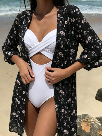 Cache-maillots de plage noirs à imprimé floral pour femmes manches courtes maillots de bain d'été
