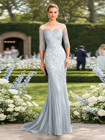 Bleu Ciel ClairRobe de mère de la mariée décolleté illusion manches courtes coupe sirène plissée avec traîne robe d'invitée pour un mariage