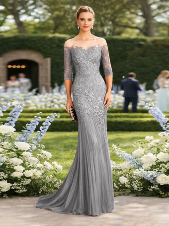 GrisRobe de mère de la mariée décolleté illusion manches courtes coupe sirène plissée avec traîne robe d'invitée pour un mariage