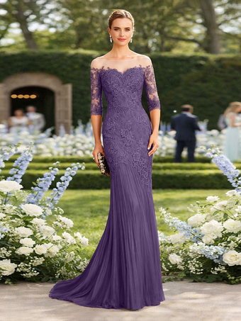 violet Robe de mère de la mariée décolleté illusion manches courtes coupe sirène plissée avec traîne robe d'invitée pour un mariage