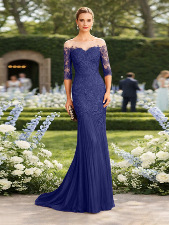 BleuRobe de mère de la mariée décolleté illusion manches courtes coupe sirène plissée avec traîne robe d'invitée pour un mariage