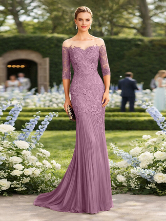 Lavande Robe de mère de la mariée décolleté illusion manches courtes coupe sirène plissée avec traîne robe d'invitée pour un mariage