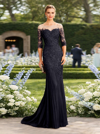 Bleu MarineRobe de mère de la mariée décolleté illusion manches courtes coupe sirène plissée avec traîne robe d'invitée pour un mariage