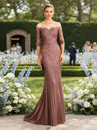 lotus roseRobe de mère de la mariée décolleté illusion manches courtes coupe sirène plissée avec traîne robe d'invitée pour un mariage