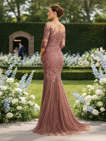 Robe de mère de la mariée décolleté illusion manches courtes coupe sirène plissée avec traîne robe d'invitée pour un mariage