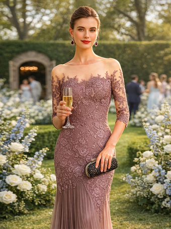 Robe de mère de la mariée décolleté illusion manches courtes coupe sirène plissée avec traîne robe d'invitée pour un mariage