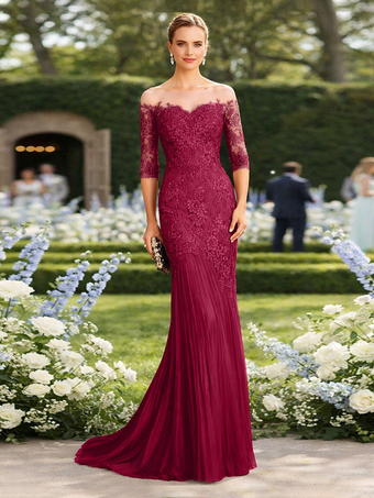 Ember RougeRobe de mère de la mariée décolleté illusion manches courtes coupe sirène plissée avec traîne robe d'invitée pour un mariage