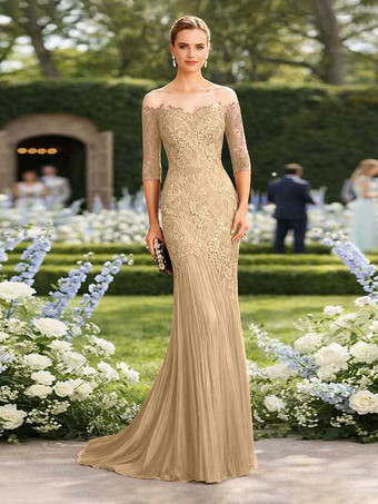Champagne Robe de mère de la mariée décolleté illusion manches courtes coupe sirène plissée avec traîne robe d'invitée pour un mariage