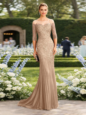 Robe de mère de la mariée décolleté illusion manches courtes coupe sirène plissée avec traîne robe d'invitée pour un mariage