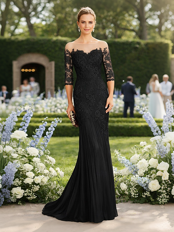 NoirRobe de mère de la mariée décolleté illusion manches courtes coupe sirène plissée avec traîne robe d'invitée pour un mariage