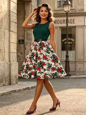 vintage style a line dresses Vintage Dresses 1950s Swing Floral Swing Dress Sleeveless A-Line Tea Party  Midi Dress
