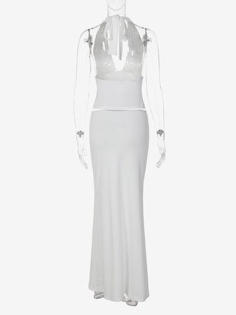 Ensemble deux pièces blanc chic à lacets jupe sans manches à col en V et haut de style streetwear