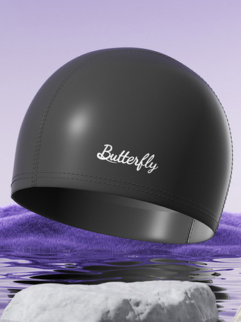 ブラック 無地の蝶と文字の防水PU製スイミングプール用スイムキャップ（ロングヘア用）