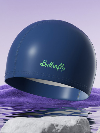 ダークネイビー無地の蝶と文字の防水PU製スイミングプール用スイムキャップ（ロングヘア用）