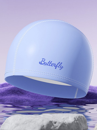 ブルー 無地の蝶と文字の防水PU製スイミングプール用スイムキャップ（ロングヘア用）