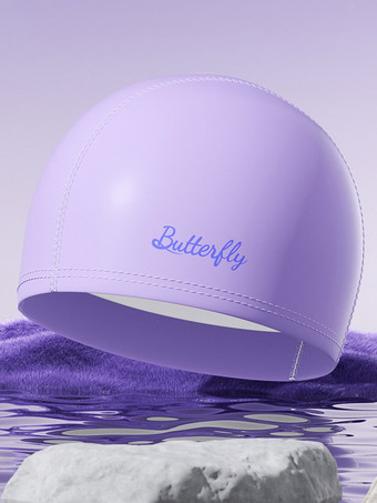 パープル 無地の蝶と文字の防水PU製スイミングプール用スイムキャップ（ロングヘア用）