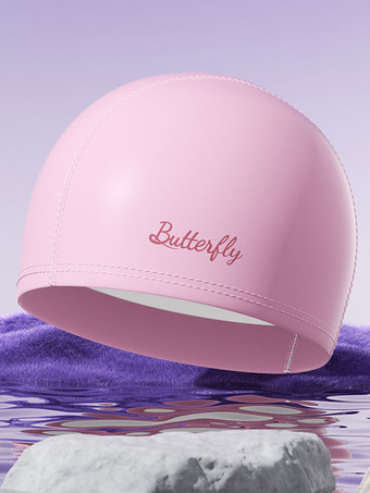 ピンク 無地の蝶と文字の防水PU製スイミングプール用スイムキャップ（ロングヘア用）
