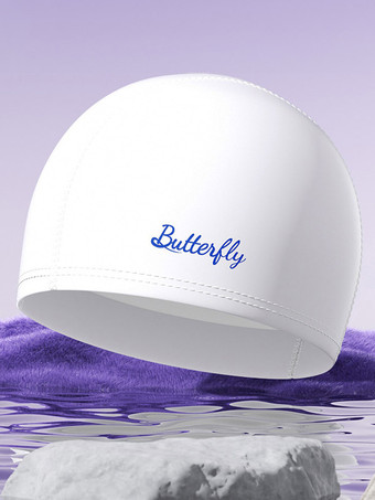 ホワイト 無地の蝶と文字の防水PU製スイミングプール用スイムキャップ（ロングヘア用）