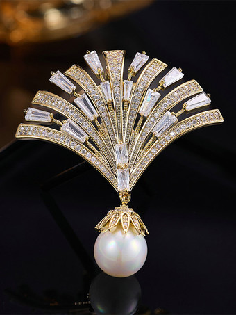 blanc Broche pendentif en forme d'éventail ornée d'un zircon baguette et d'une grande perle.