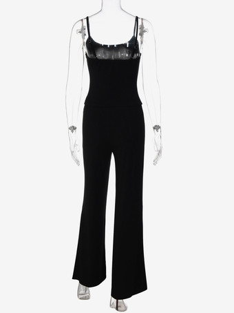 Ensemble deux pièces en soie noire : débardeur court à fines bretelles et pantalon évasé taille haute.