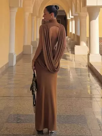 bronze semi formal dress Shining Luxury Bronze Metallic Lurex Cutout Maxi Dress