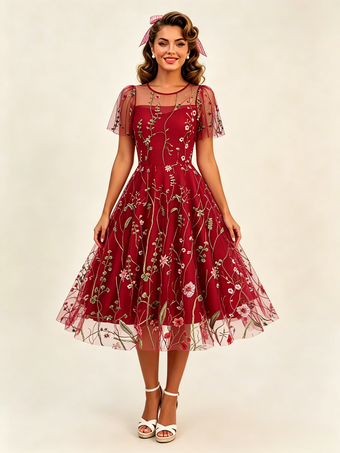 レッド ヴィンテージ1950年代フローラルミディドレス（女性用） - 刺繍メッシュショートフリル袖Aラインプロムドレス - 夏の結婚式ゲスト向け2026