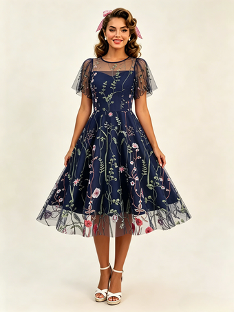 ブルー ヴィンテージ1950年代フローラルミディドレス（女性用） - 刺繍メッシュショートフリル袖Aラインプロムドレス - 夏の結婚式ゲスト向け2026