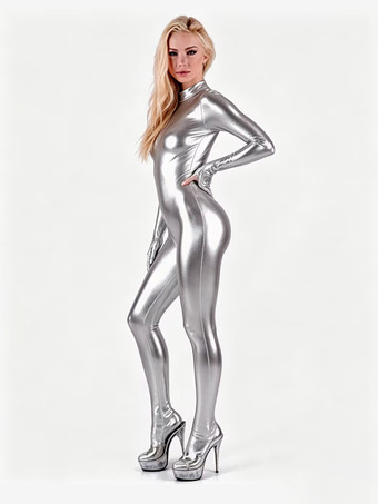 Faschingskostüm Shiny Silver Spandex Catsuit