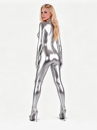 Faschingskostüm Shiny Silver Spandex Catsuit