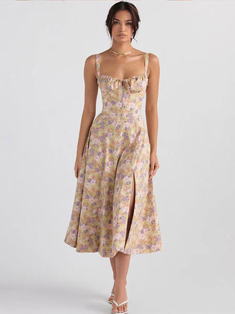 Apricot Floral Dress Midi Dress Dresses Floral Print High-slit Straps Neck Sleeveless Cottagecore Summer