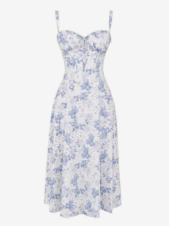 Ecru WhiteFloral Dress Midi Dress Dresses Floral Print High-slit Straps Neck Sleeveless Cottagecore Summer