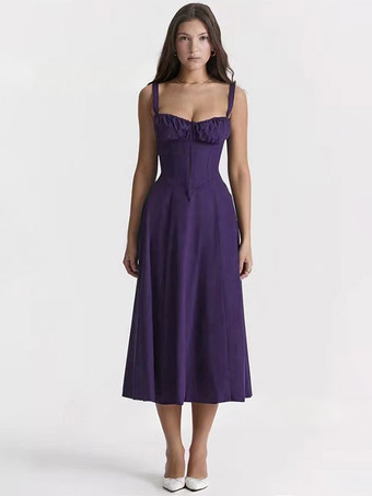 Purple Floral Dress Midi Dress Dresses Floral Print High-slit Straps Neck Sleeveless Cottagecore Summer