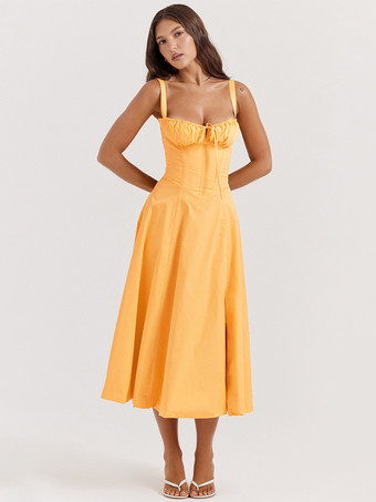 Orange Floral Dress Midi Dress Dresses Floral Print High-slit Straps Neck Sleeveless Cottagecore Summer