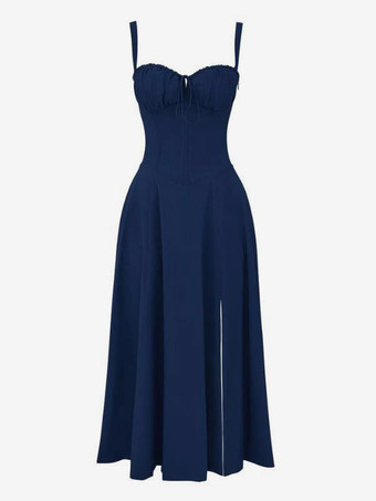 Dark NavyFloral Dress Midi Dress Dresses Floral Print High-slit Straps Neck Sleeveless Cottagecore Summer