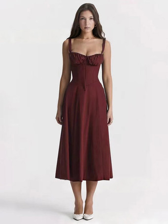 BurgundyFloral Dress Midi Dress Dresses Floral Print High-slit Straps Neck Sleeveless Cottagecore Summer