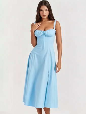 Light Sky BlueFloral Dress Midi Dress Dresses Floral Print High-slit Straps Neck Sleeveless Cottagecore Summer