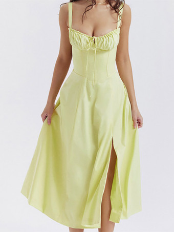 YellowFloral Dress Midi Dress Dresses Floral Print High-slit Straps Neck Sleeveless Cottagecore Summer